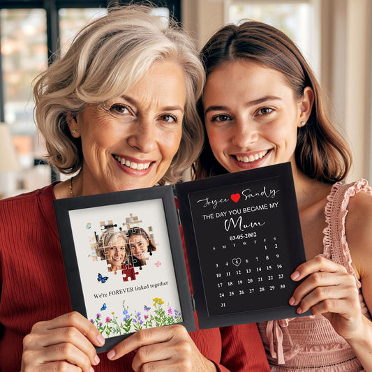 Personalised Mother's Day puzzle photo frame with custom photo and engraved date — premium resin heirloom gift for mum