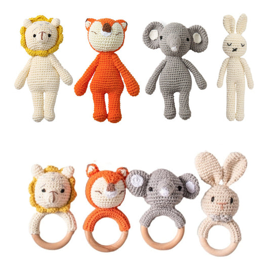 Handmade knitted animal wooden baby rattle with crocheted cotton head and natural wooden ring – soft sensory toy for newborns and infants