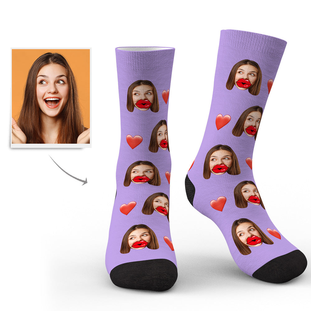 Child-size personalised custom face socks (Size S) showing a playful portrait and heart detail — photo socks for kids and teens