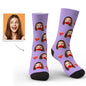 Child-size personalised custom face socks (Size S) showing a playful portrait and heart detail — photo socks for kids and teens