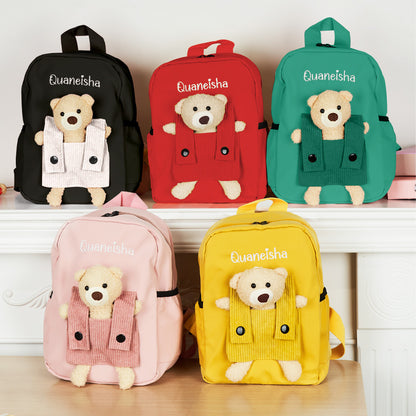 Scale comparison of the personalised name embroidery bear backpack with a water bottle and toys — compact 21×27×10cm size for preschoolers