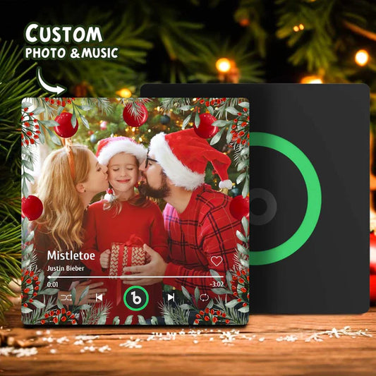 FridgeBeats frameless personalised family photo music fridge magnet on a fridge — custom MP3 magnet keepsake