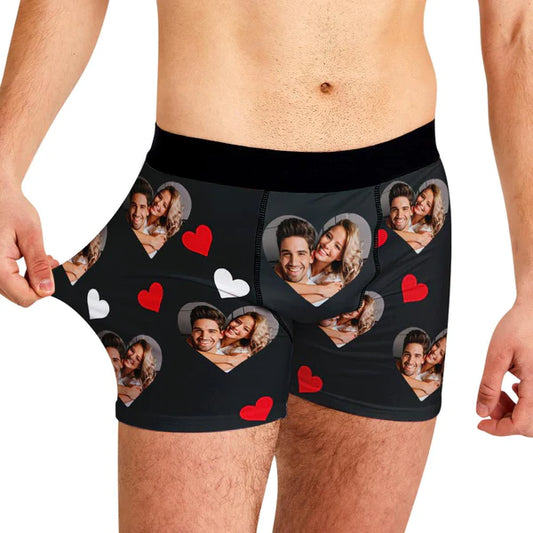 Front view of avatar heart boxer shorts — custom men's boxer shorts with a heart-shaped personalised photo on soft, breathable stretch fabric; perfect photo underwear gift for boyfriend