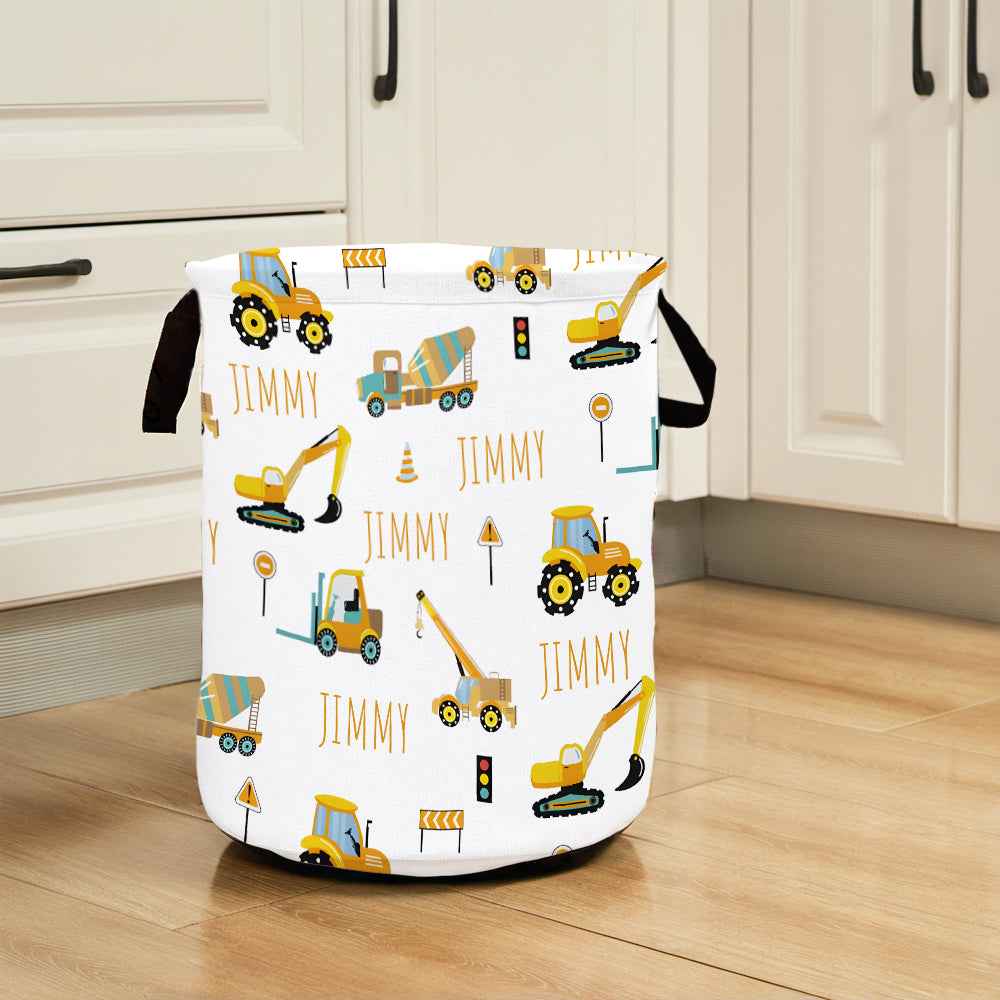 Personalized Work Vehicles Construction Trucks Toy Laundry Basket with Name Storage Basket Gift for Family Kids
