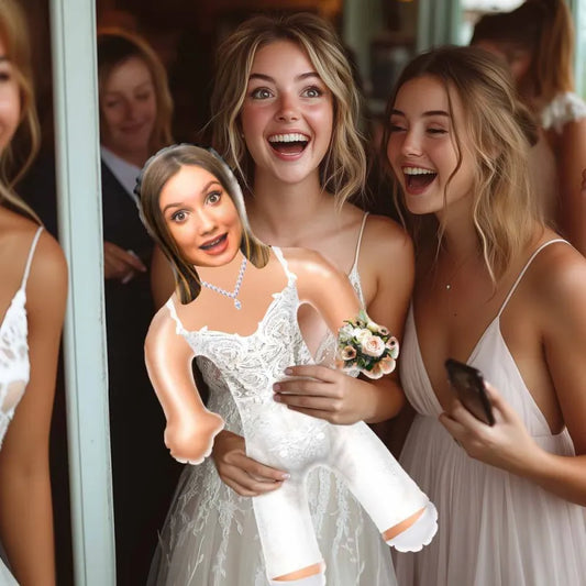 Front view of a personalised bride blow-up doll, a custom wedding party gift made from PVC with a photo-face design.