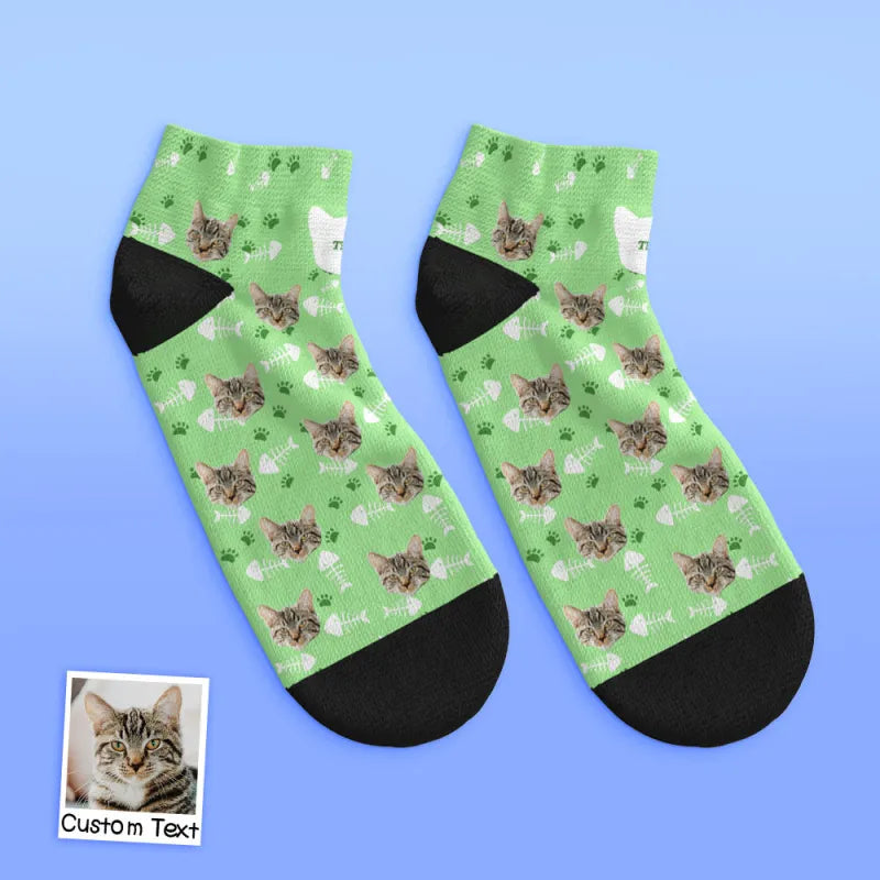 Pair of personalised cat face ankle socks displayed on white background unique pet gift