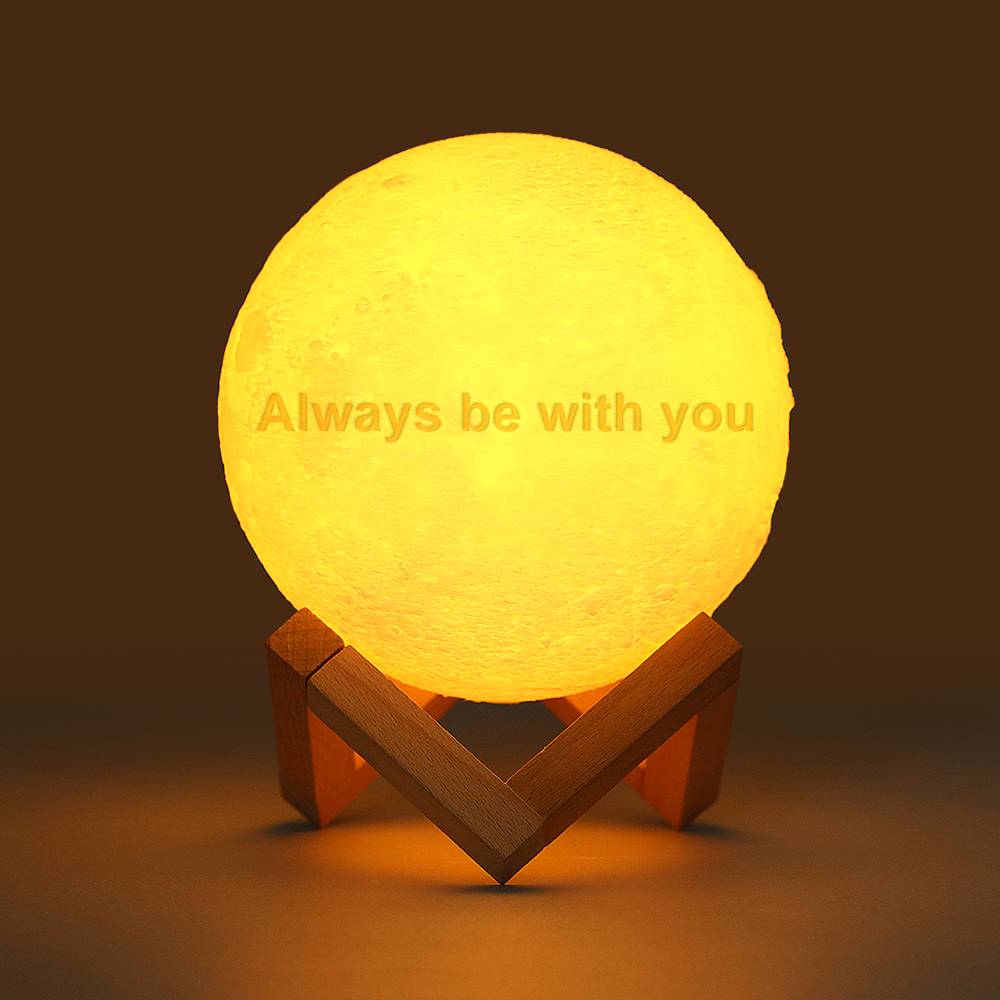Contents laid out: personalised moon lamp, wooden base, USB cable, manual and remote control — ready to gift as a custom lunar light set