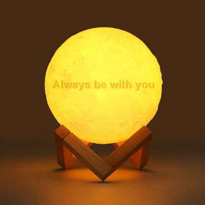 Contents laid out: personalised moon lamp, wooden base, USB cable, manual and remote control — ready to gift as a custom lunar light set