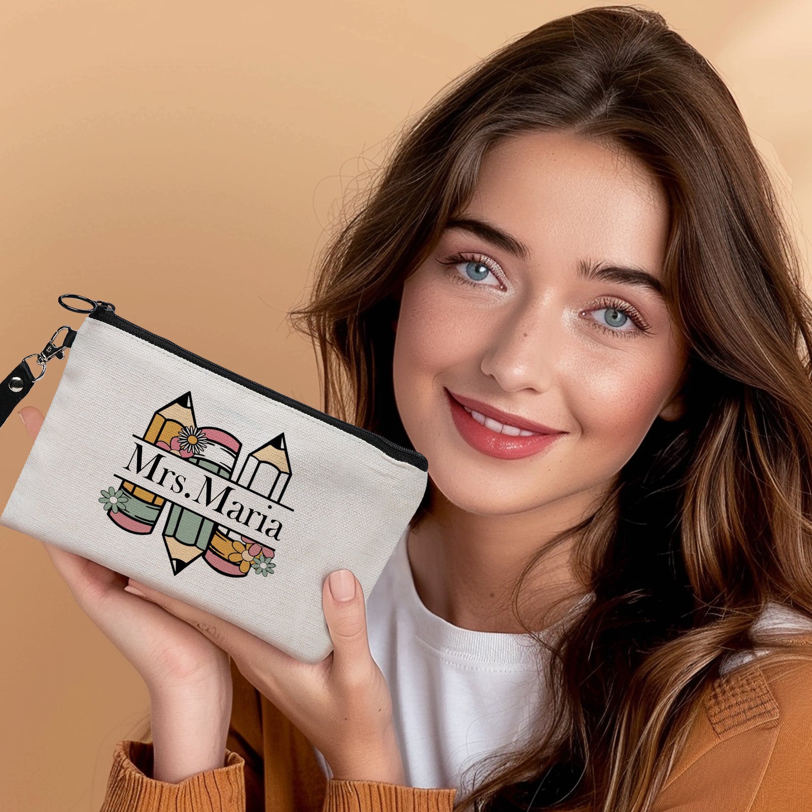Front view of personalised floral pencil and make-up bag with printed custom name for gifting occasions