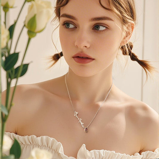 Personalised birth flower necklace with name and birthstone on 55cm copper chain – unique gift for her