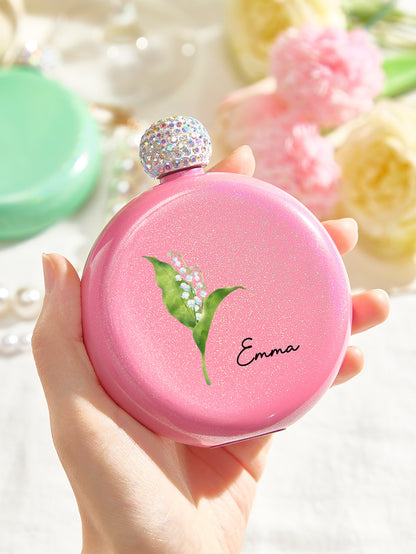 Personalised Birth Flower Round Flask with Name - 5oz Glitter Bridesmaid Gift