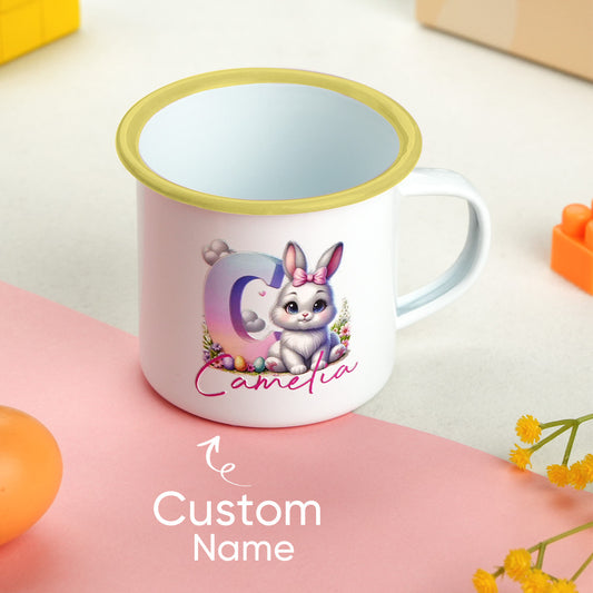 Personalised Easter bunny enamel mug with custom name and gradient initial — 12oz kids gift, colourful front view