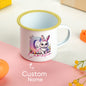 Personalised Easter bunny enamel mug with custom name and gradient initial — 12oz kids gift, colourful front view