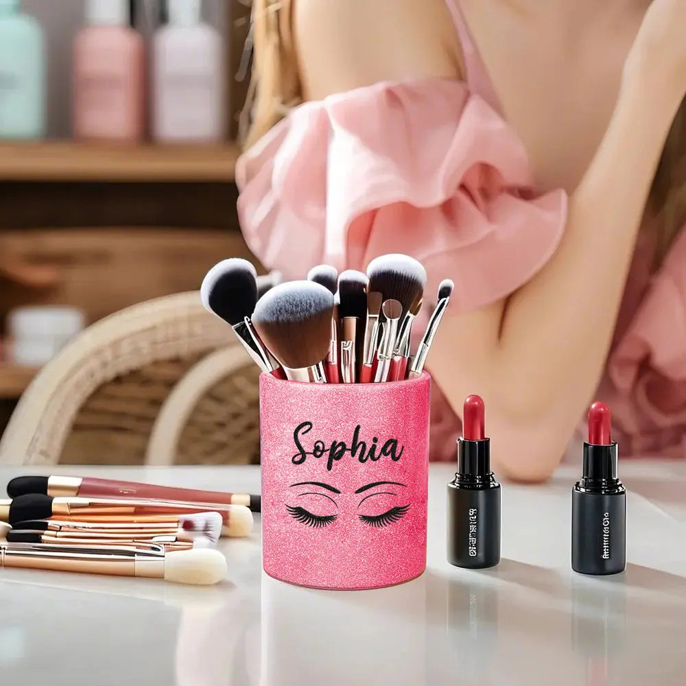 Close-up of glitter panel with personalised name on premium leather brush cup, showing shimmering finish and crisp custom text — ideal custom brush pot