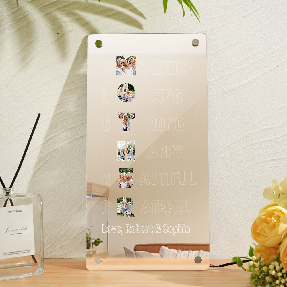 Personalised memorial photo lamp in living room setting — heartfelt acrylic mirror light for Mum or Grandma