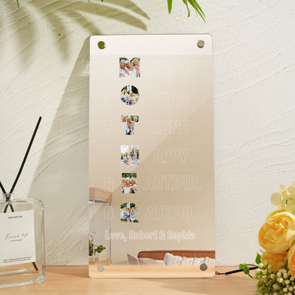 Personalised memorial photo lamp in living room setting — heartfelt acrylic mirror light for Mum or Grandma