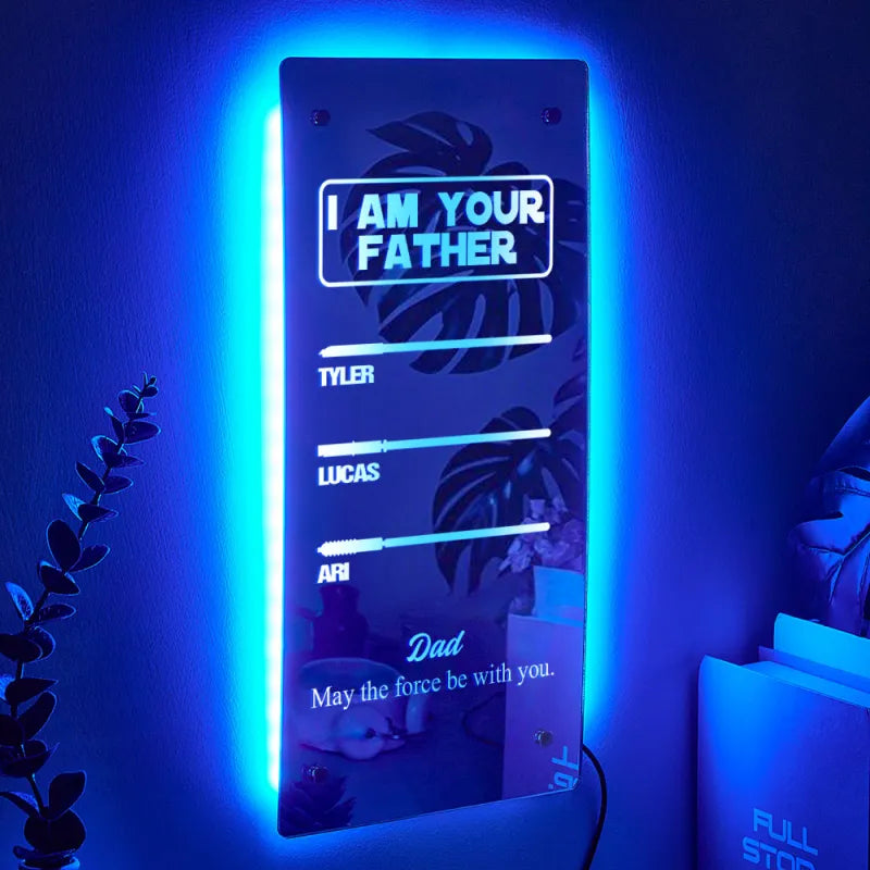 Multiple product angles showcasing engraved personalised lamp, silver mirror acrylic panels and USB LED base — customised Father's Day present