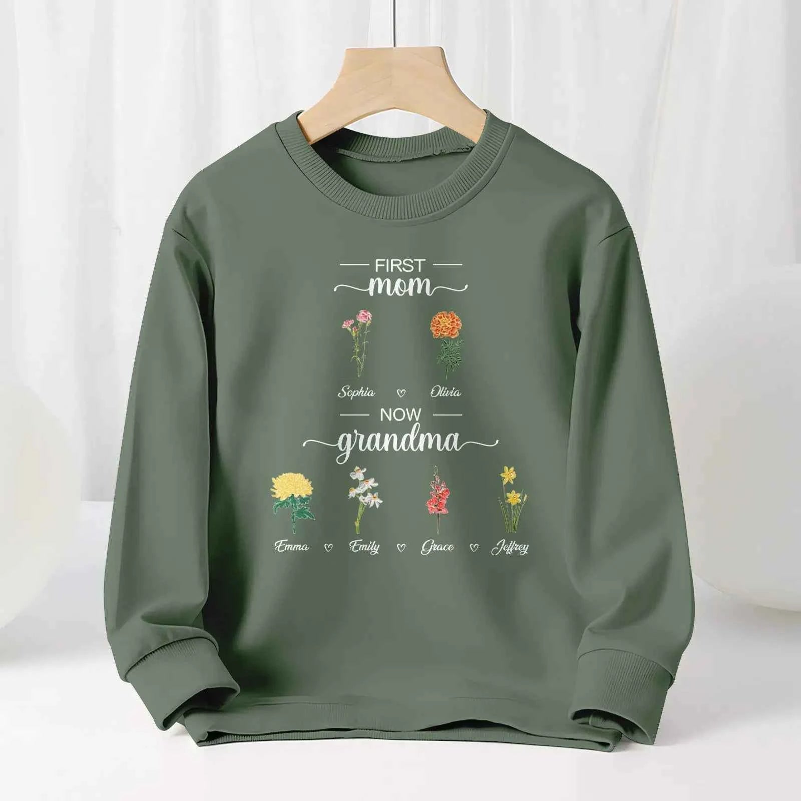 Personalized First Mom Now Grandma Sweatshirt Custom Birth Flowers Sweatshirts for Mother's Day Gift