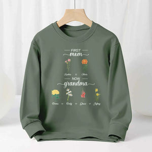 Personalized First Mom Now Grandma Sweatshirt Custom Birth Flowers Sweatshirts for Mother's Day Gift