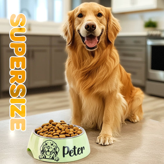 Personalised stainless steel pet bowl with engraved name and black non-slip base – dog food and water bowl