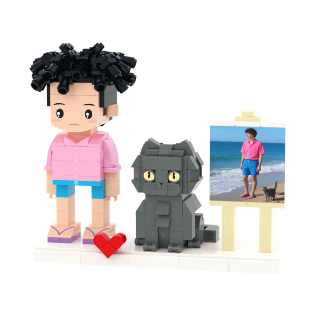 Custom Full-Body Cute Brick Figures of 1 Person and Cat with Frame Personalized Anniversary Gift Birthday Gift