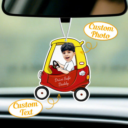 Premium personalised car air freshener made from felt with a custom message, designed to hang from a car rear-view mirror and available in Lemon, Rose, Wild Bluebell and Ocean fragrances.