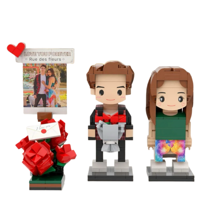 Custom Full Body Brick Figure Couple with Rose - Personalised Anniversary & Valentine's Gift
