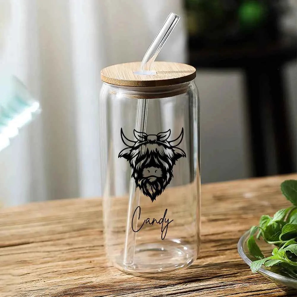 Personalized Highland Cow Tumbler with Name Clear Can Glass Gift for Highland Cow Lovers