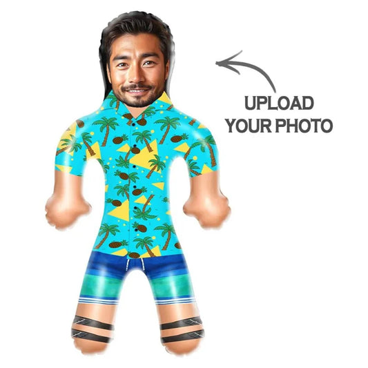Close-up of the custom photo print on the inflatable doll's face in a Hawaiian shirt