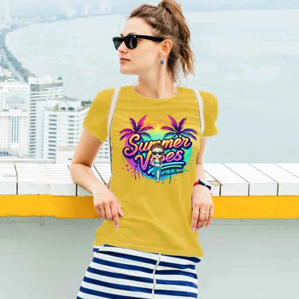 Personalized Cartoon Summer Vibes T-shirt with Name T-shirt Holiday Gift for Her
