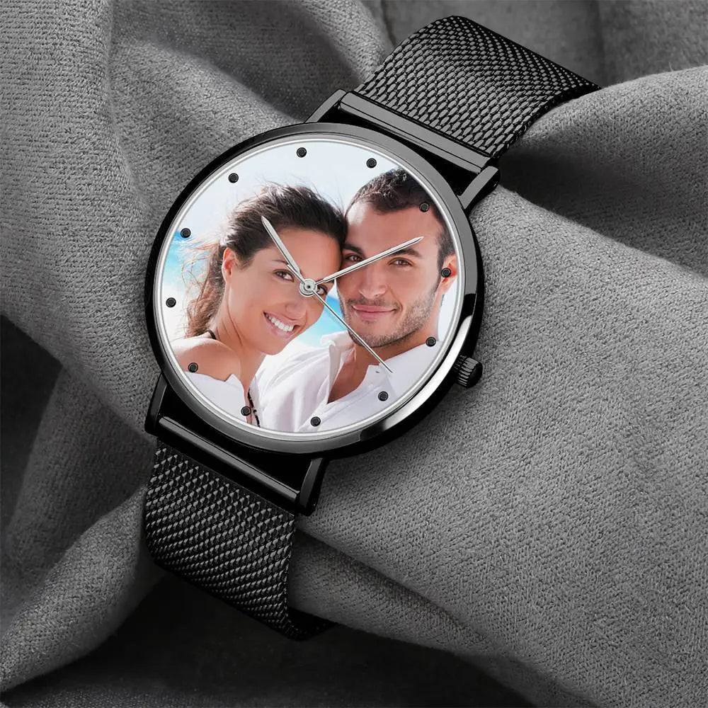 Black personalised photo watch front with custom photo dial minimalist markers ideal anniversary or couples gift