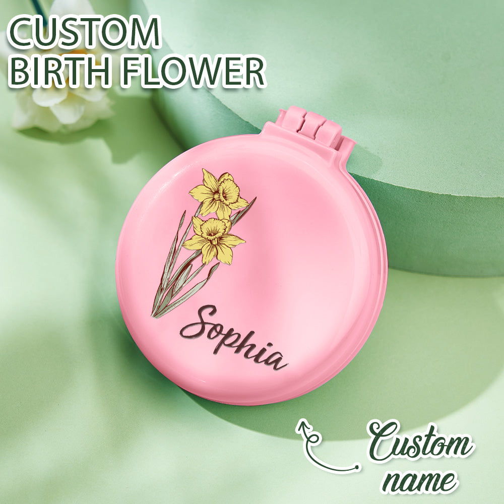 Personalised Birth Flower Cushion Mirror Comb with Hair Brush | Custom Name Gift
