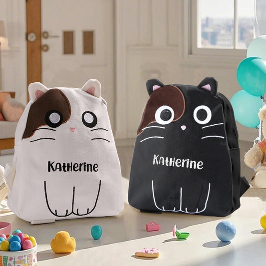 Front view of personalised name embroidery cat backpack for kids — canvas custom school bag with cute cat motif and secure zip