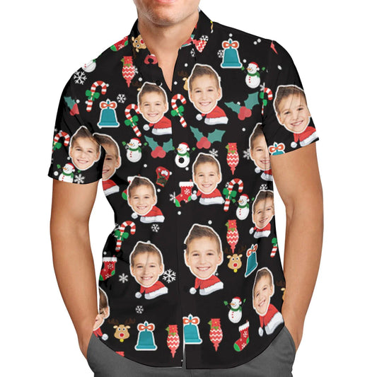 Personalised Face Christmas Hawaiian shirt front view — full-print candy cane motif with custom face photo on a button-up, short-sleeve holiday shirt, perfect personalised Christmas gift
