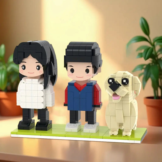Personalised full-body 2-person brick figures with dog on white background – customisable small particle block toy, ideal wedding or anniversary gift