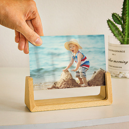 Personalised wooden photo plaque with baby photograph and engraved name and date — custom wooden photo frame ornament, perfect personalised baby gift keepsake