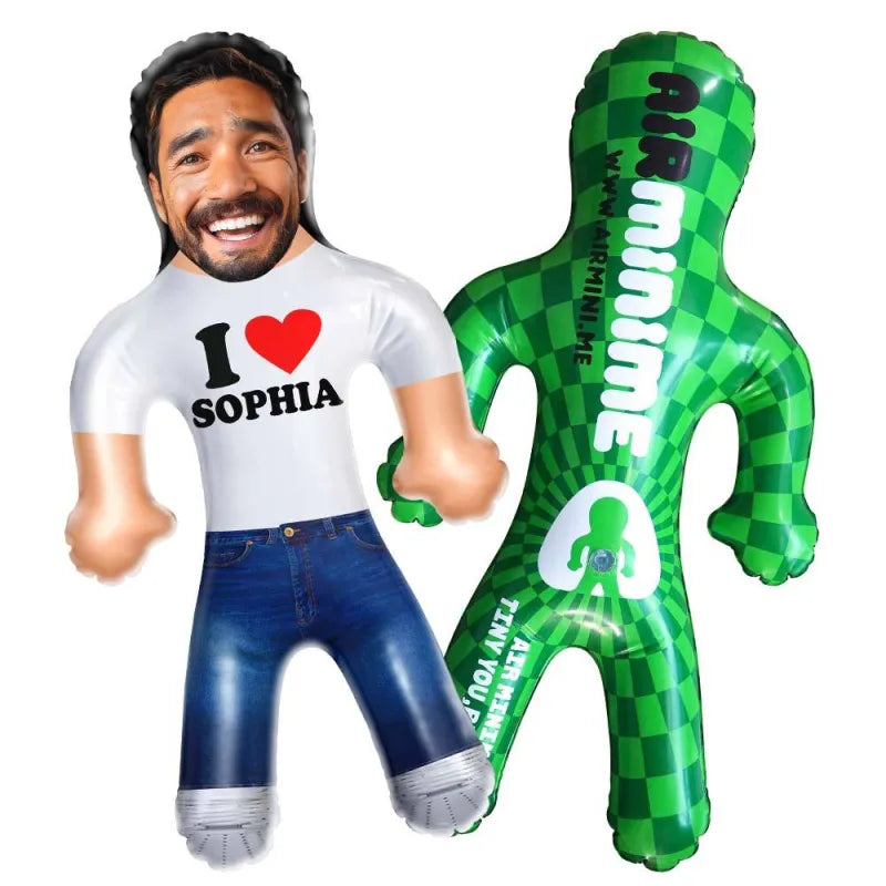 Full-body angle of the customised inflatable doll with a printed photo, illustrating a unique funny gift.