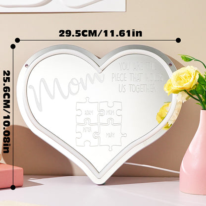 Personalised Mum Puzzle Sign displayed as a living room centrepiece, engraved with children's names – heartfelt Mother's Day gift and family keepsake neon light