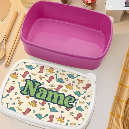 Personalised dinosaur lunch box open to show spacious interior – durable plastic snack container for nursery and primary school