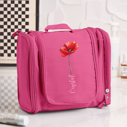 Flat-lay of personalised waterproof toiletry bag with travel cosmetics and toiletries — versatile travel and gym wash bag