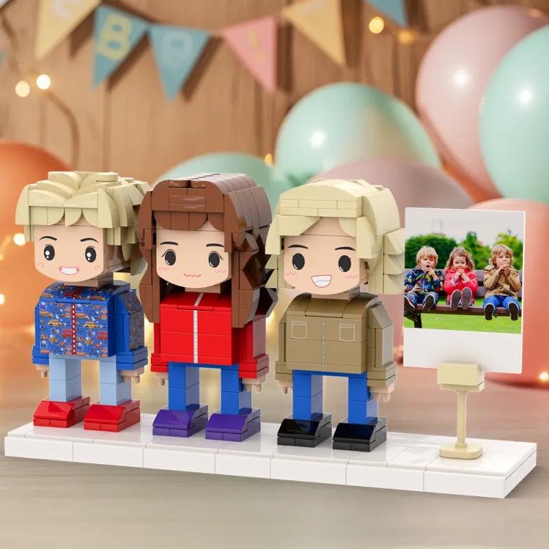 Alternate angle of a personalised full‑body brick figure highlighting clothing colour and block texture — perfect personalised toy gift