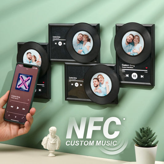 Personalised NFC vinyl record wall decor with couple photo — tap-to-play your favourite song, custom music photo gift for couples (41cm x 20.5cm)