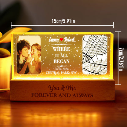 Front view of the custom photo night light with map design, ideal anniversary or Valentine gift for couples