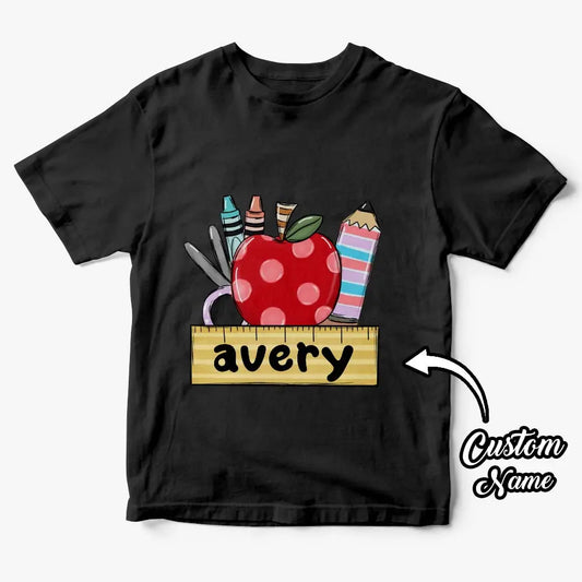 Personalised back to school T-shirt, front view with custom name print – perfect first day of school keepsake for kids
