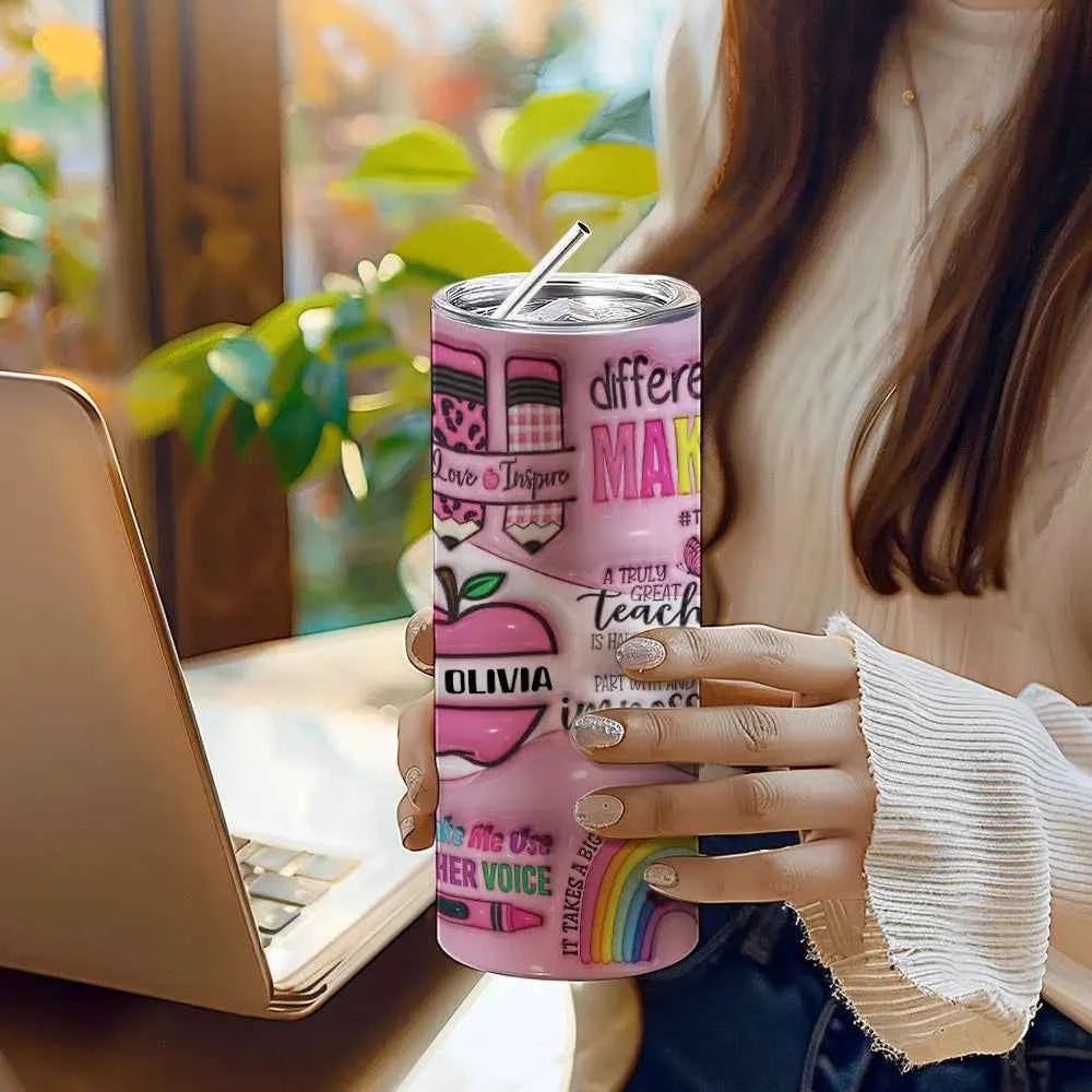 Personalized 3D Apple Pencil Design 20oz Skinny Tumbler Lid and Straw Back to School Gift for Teacher