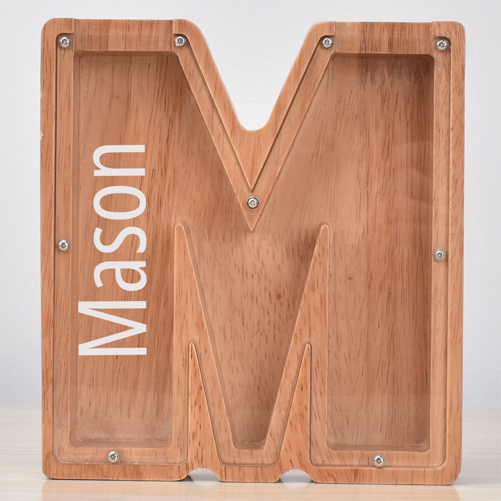 Personalised Oak Wooden Letter Money Box with Engraved Name | Handcrafted Piggy Bank