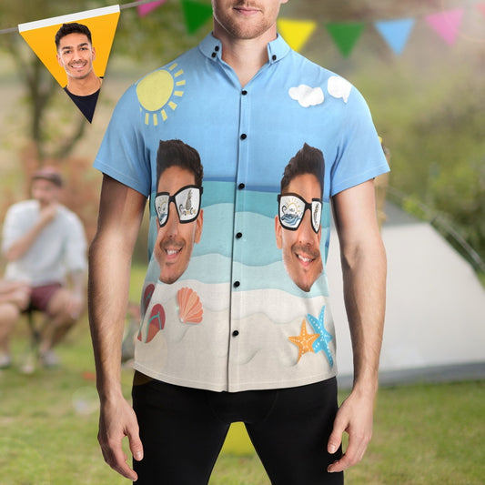 Hero front view of a Personalised Funny Hawaiian Shirt – Custom Face Aloha Beach Shirt with vibrant tropical floral print, short-sleeve button-up and lapel collar, perfect as a personalised gift