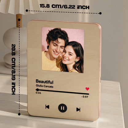 Custom photo printed on record face with option for engraved text — bespoke personalised photo music player