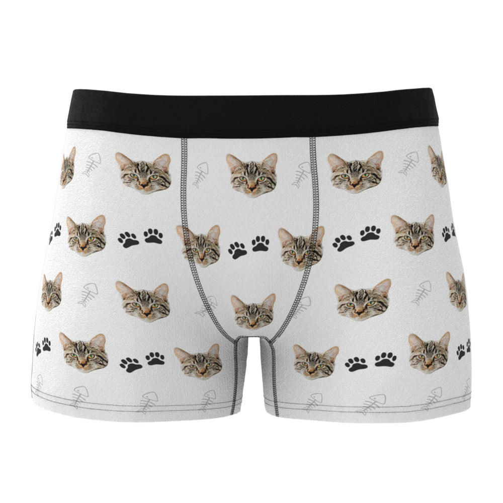 Front view of personalised men's boxer briefs with a bold custom cat face print — Custom Cat Face Boxer Shorts, photo-printed novelty underwear