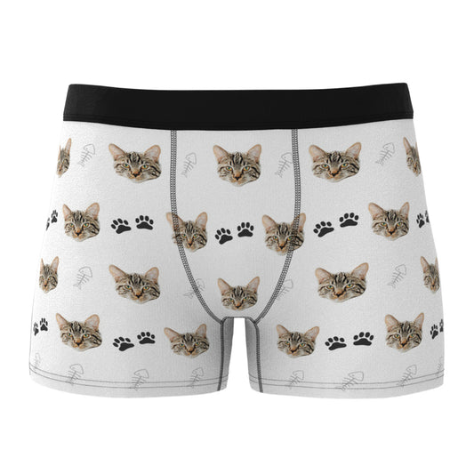 Front view of personalised men's boxer briefs with a bold custom cat face print — Custom Cat Face Boxer Shorts, photo-printed novelty underwear